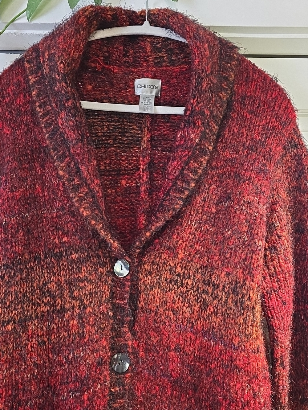 Chico's Heavy Marled Knit Longline Cardigan Sweater Red Black Shawl Collar EUC